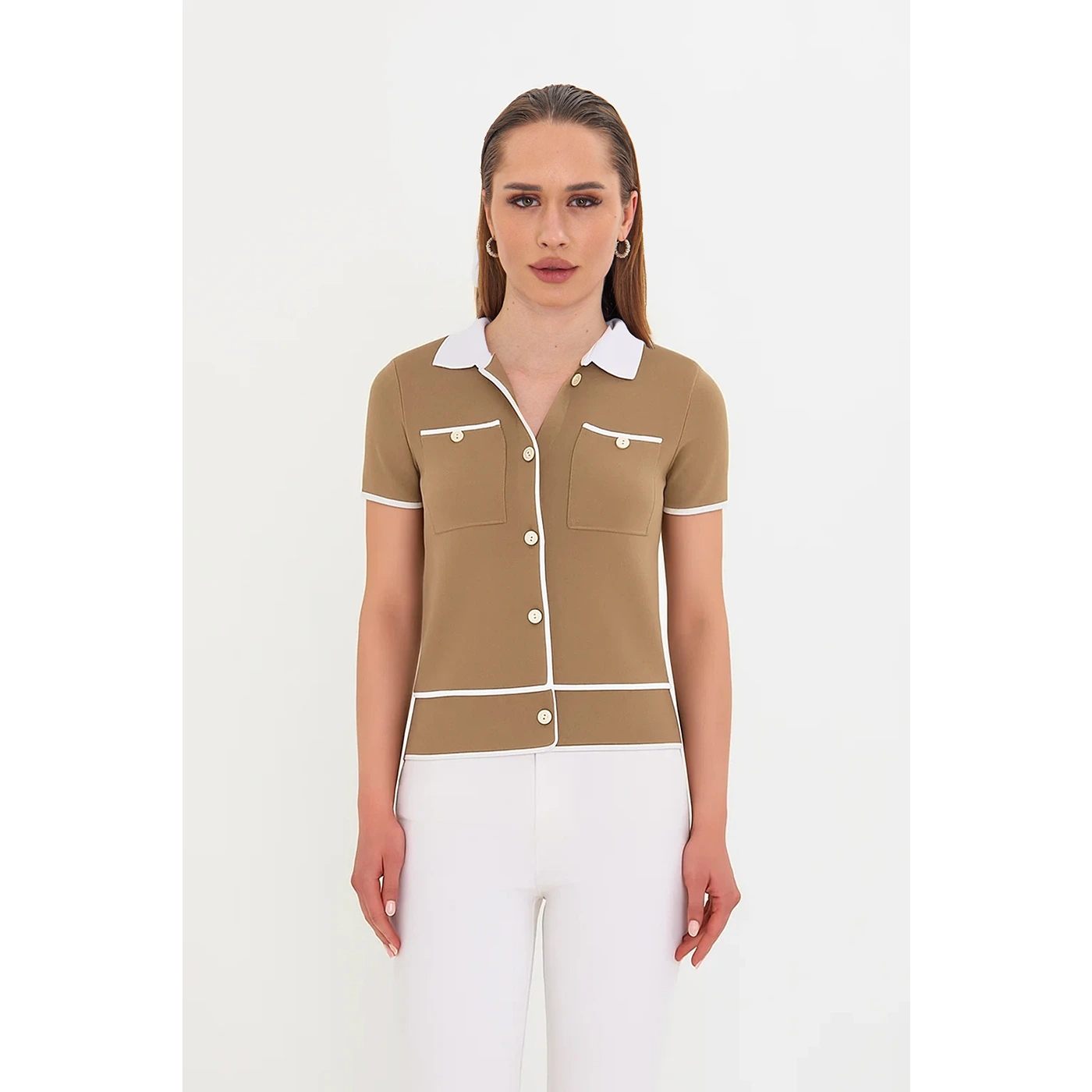 Brown Short-Sleeves Contrast Trim Shirt | Montivo Pakistan
