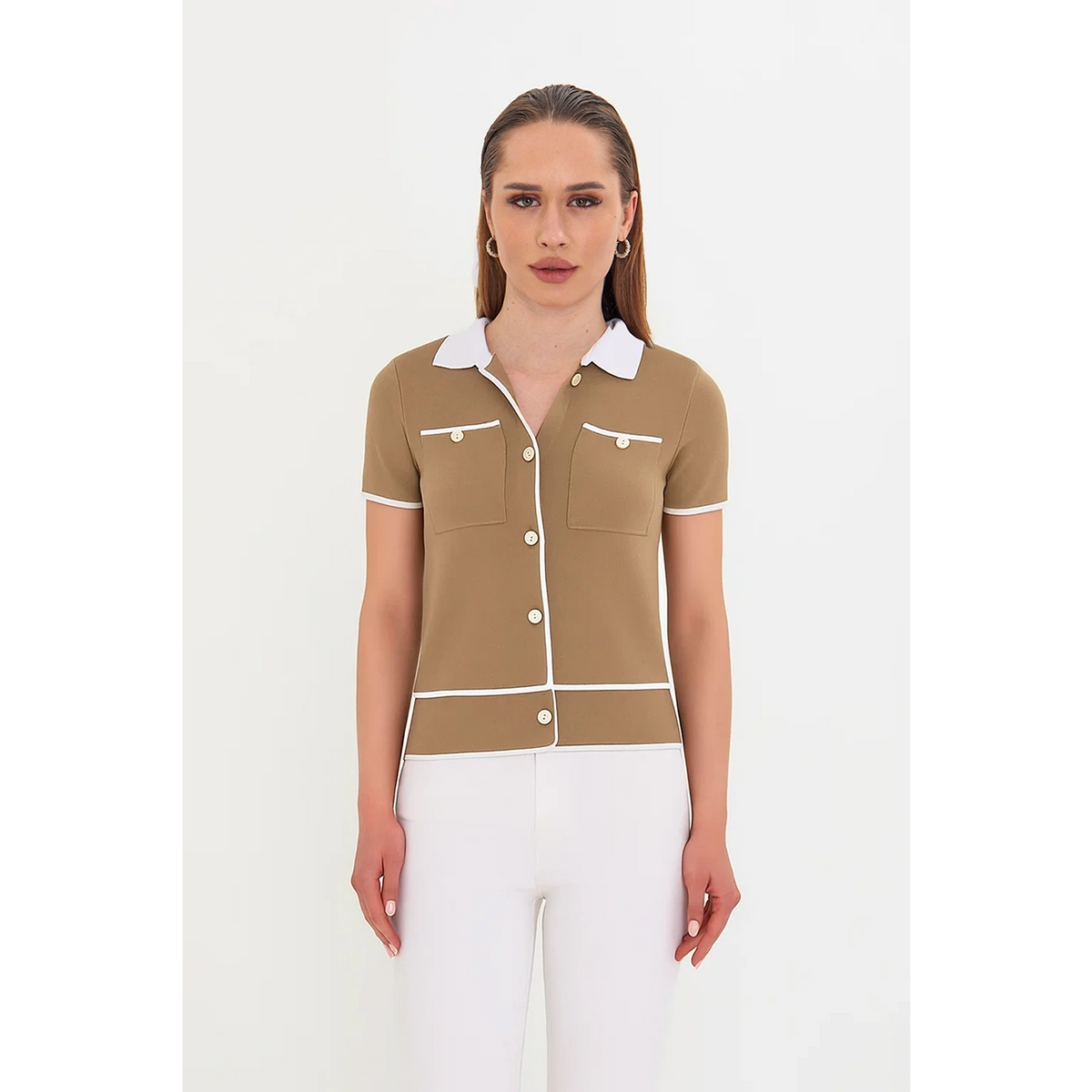 Brown Short-Sleeves Contrast Trim Shirt | Montivo Pakistan