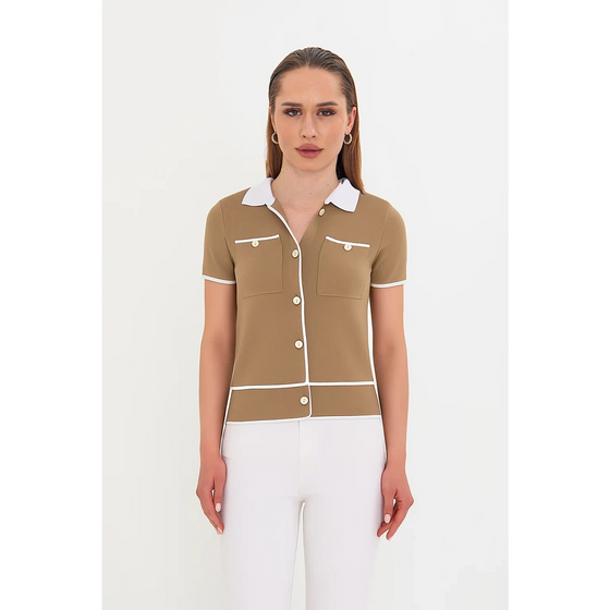 Brown Short-Sleeves Contrast Trim Shirt | Montivo Pakistan