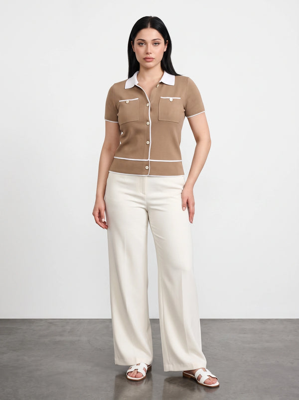 Brown Short-Sleeves Contrast Trim Shirt | Montivo Pakistan