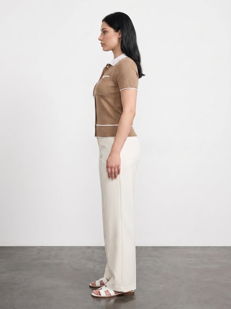 Brown Short-Sleeves Contrast Trim Shirt | Montivo Pakistan