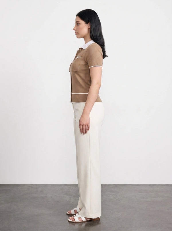 Brown Short-Sleeves Contrast Trim Shirt | Montivo Pakistan