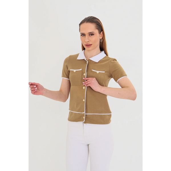 Brown Short-Sleeves Contrast Trim Shirt | Montivo Pakistan