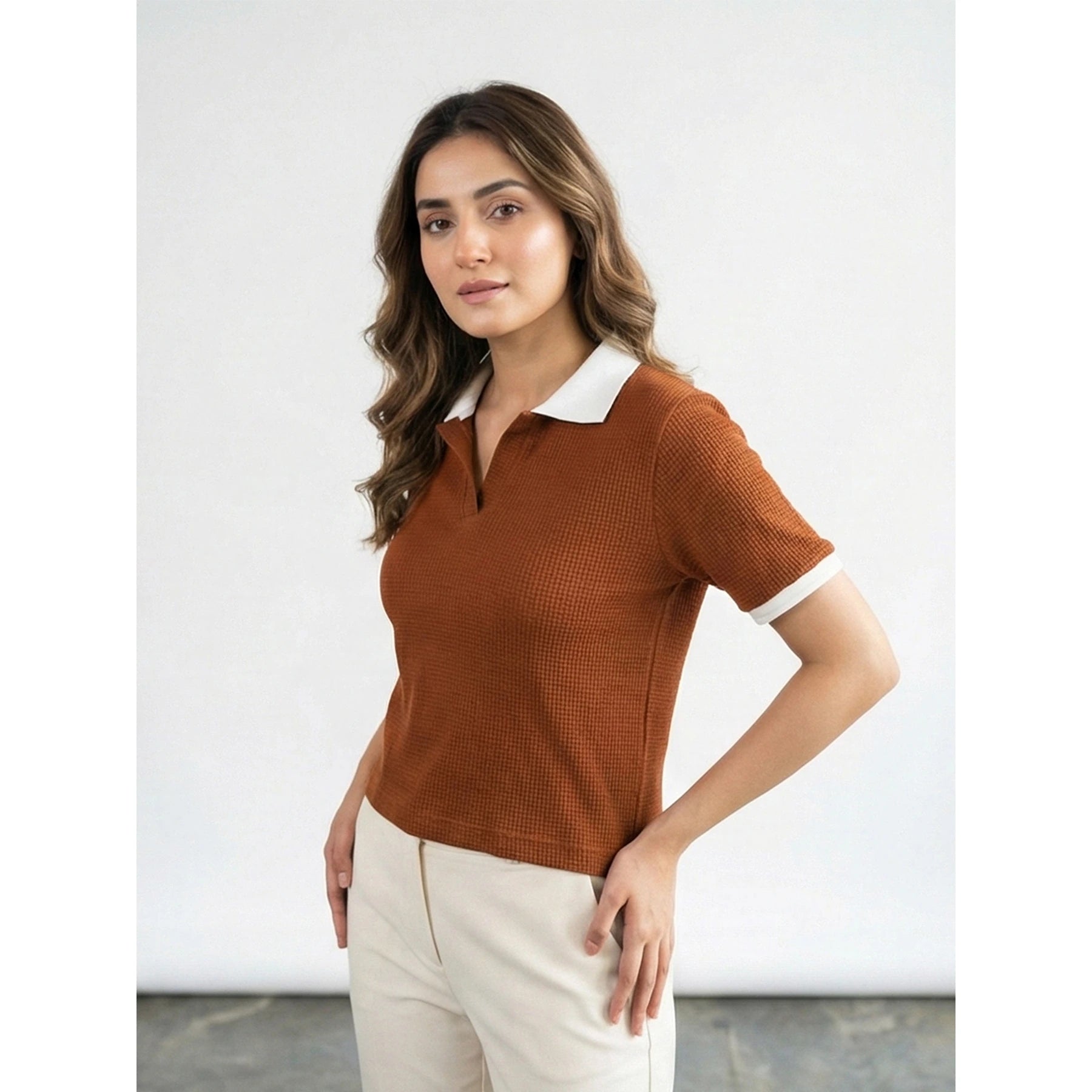 Rust Waffle Contrast Textured Polo | Montivo Pakistan