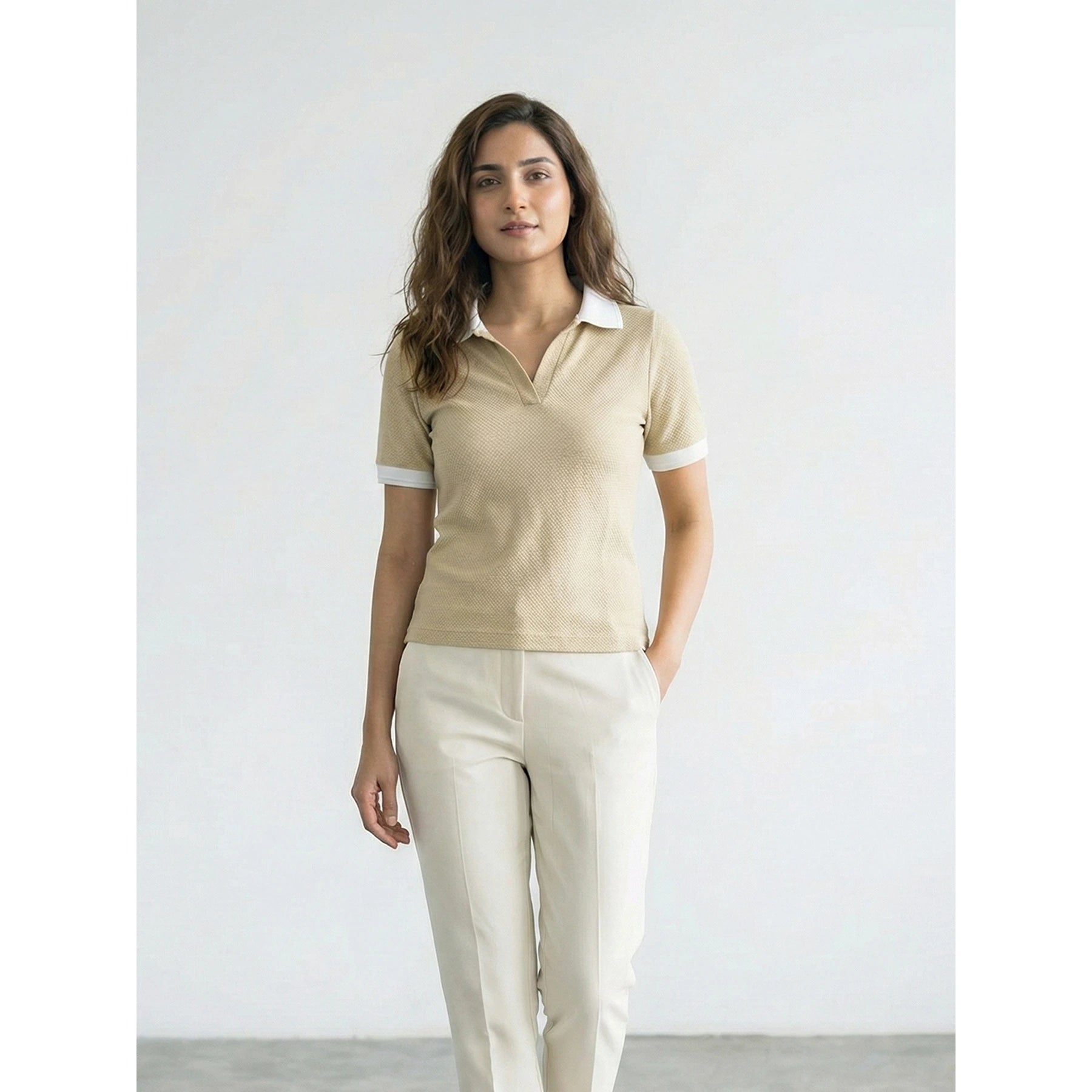 Beige Waffle Contrast Textured Polo | Montivo Pakistan