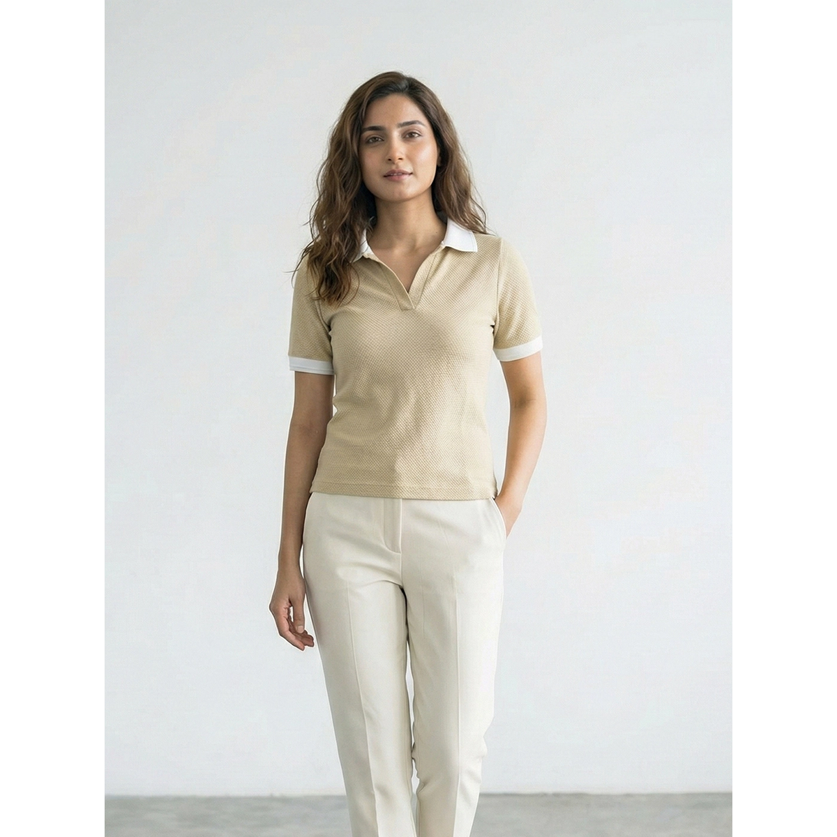 Beige Waffle Contrast Textured Polo | Montivo Pakistan