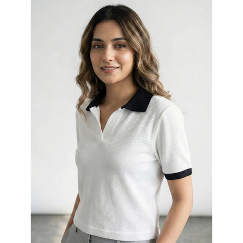 White Waffle Contrast Textured Polo | Montivo Pakistan