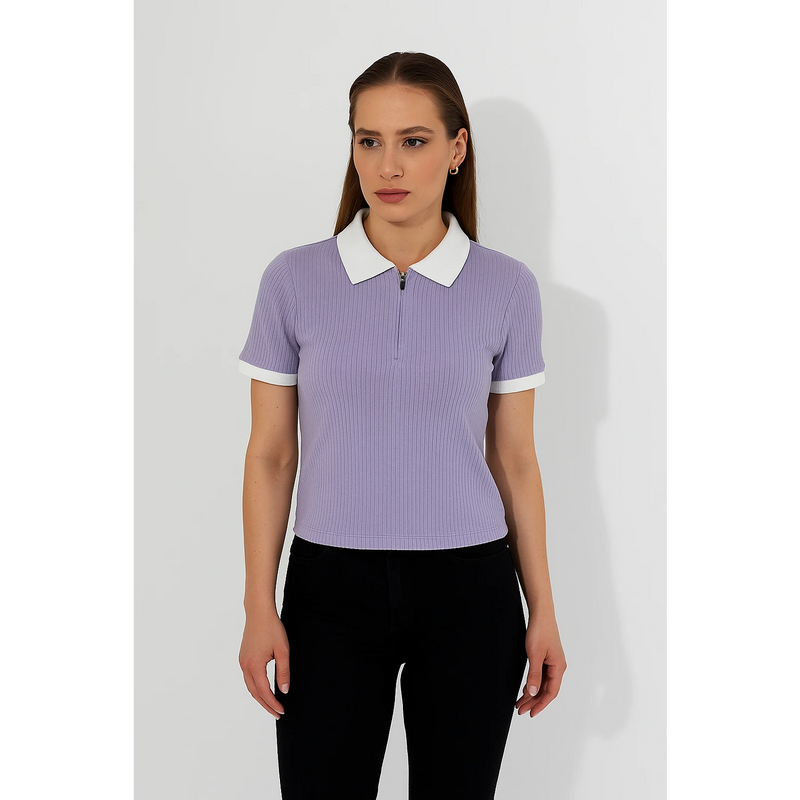 Lilac Zipper Drop Needle Contrast Polo | Montivo Pakistan