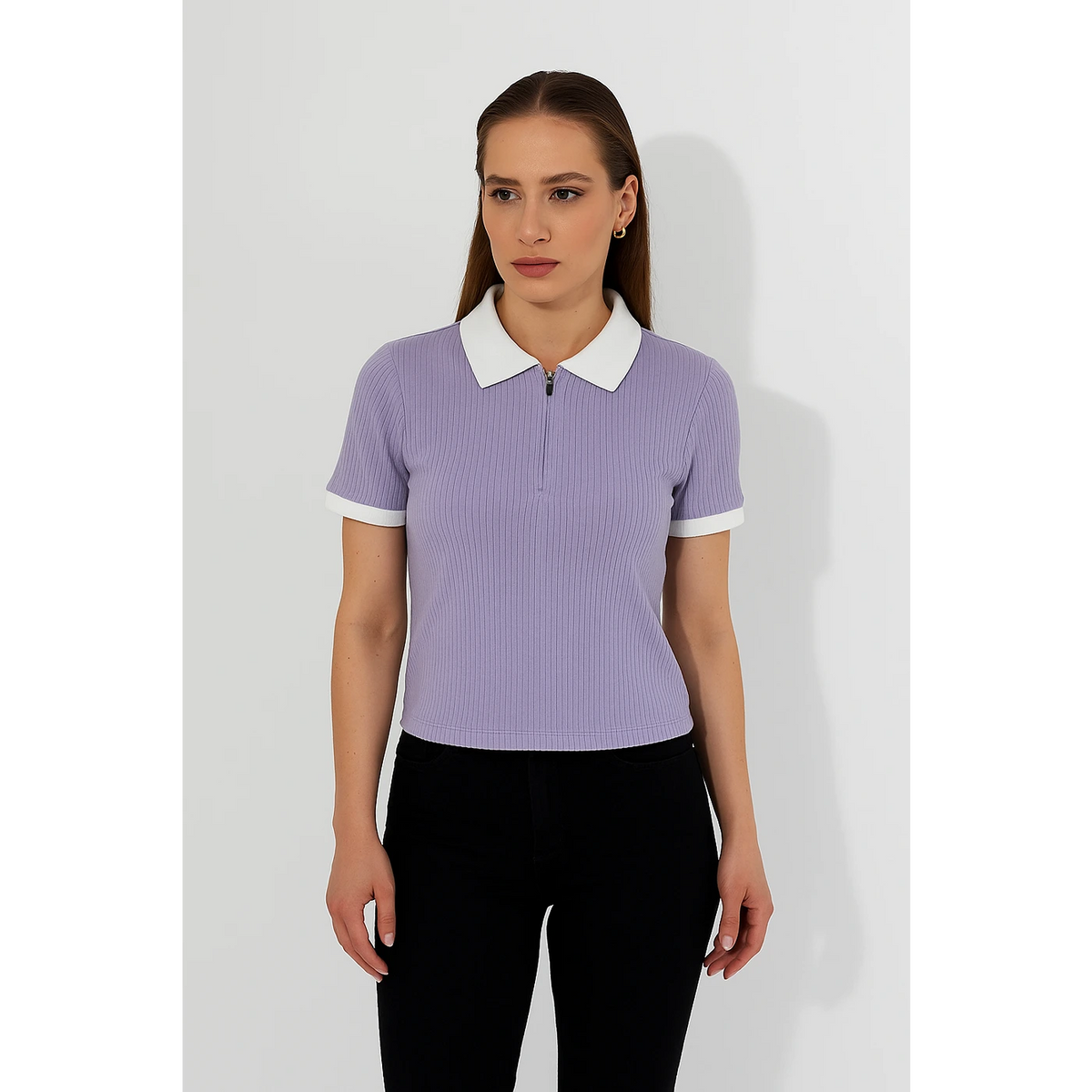 Lilac Zipper Drop Needle Contrast Polo | Montivo Pakistan