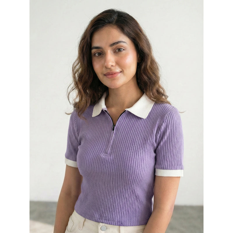 Lilac Zipper Drop Needle Contrast Polo | Montivo Pakistan