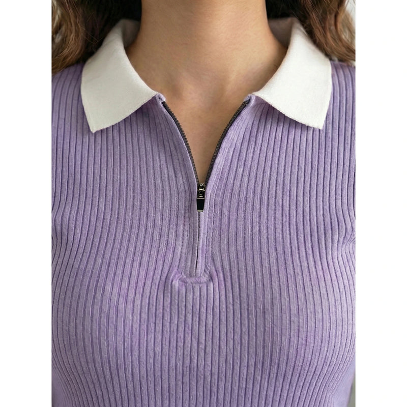 Lilac Zipper Drop Needle Contrast Polo | Montivo Pakistan