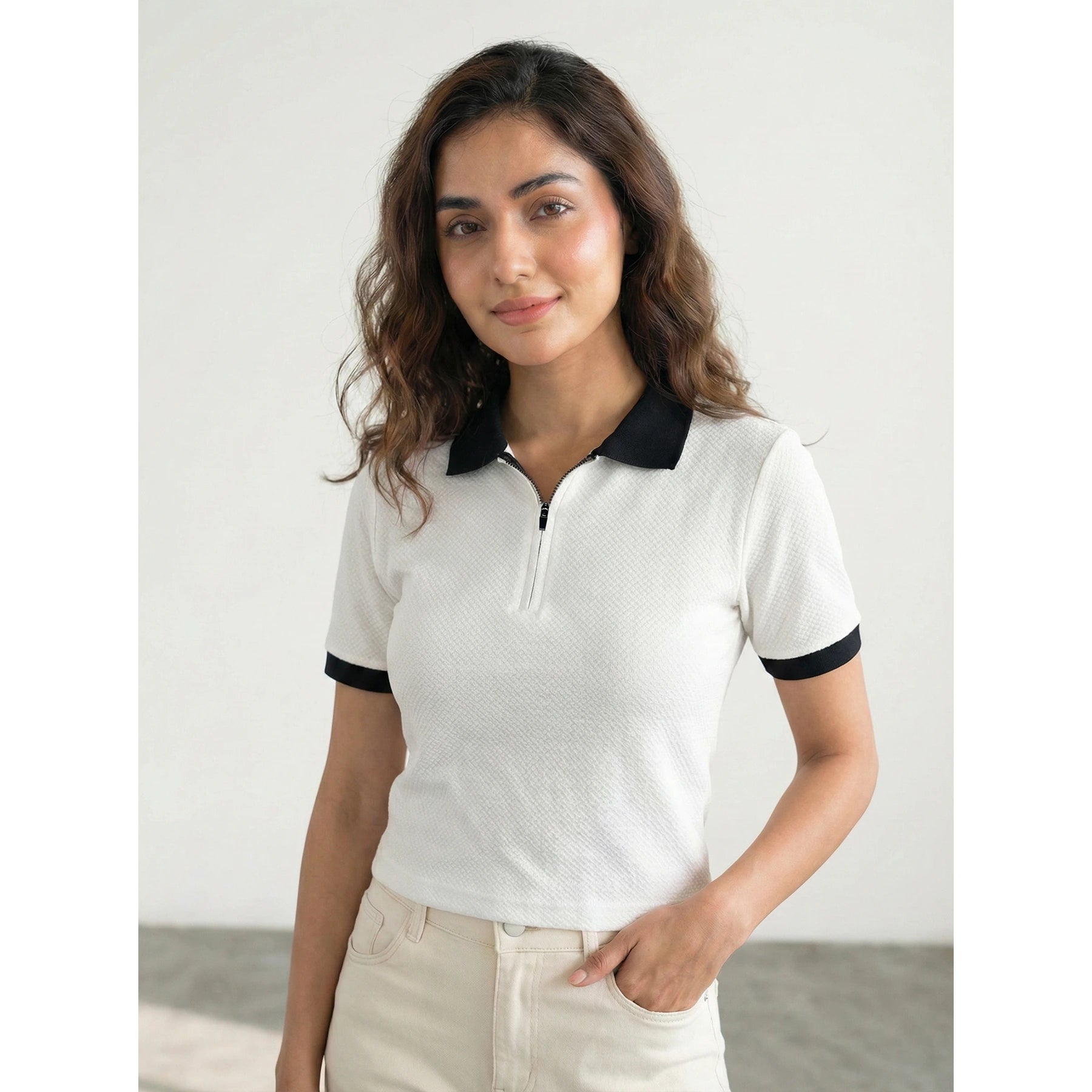 White Zipper Waffle Contrast Polo | Montivo Pakistan