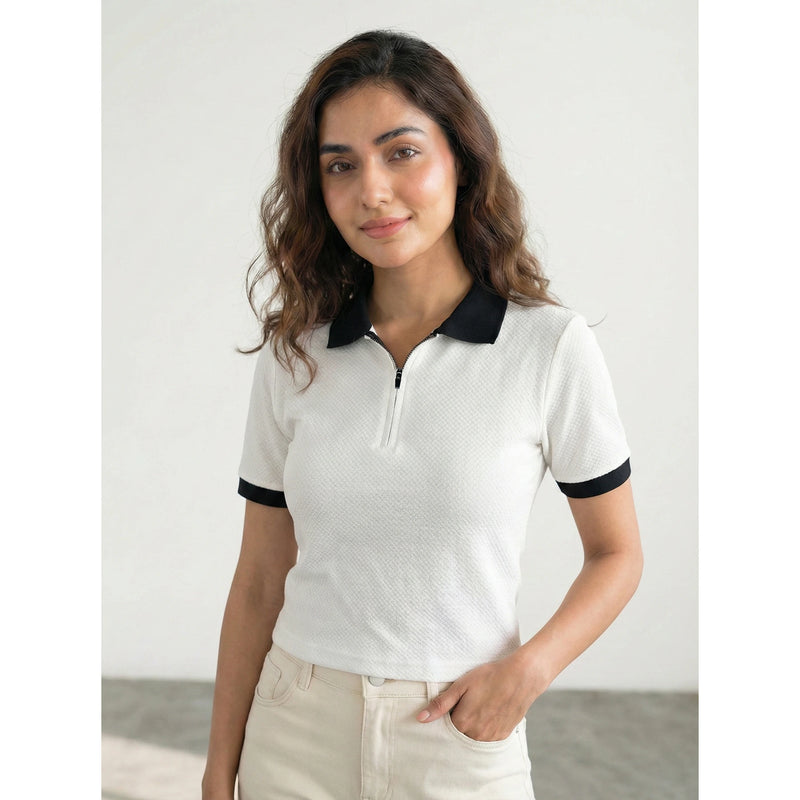 White Zipper Waffle Contrast Polo | Montivo Pakistan