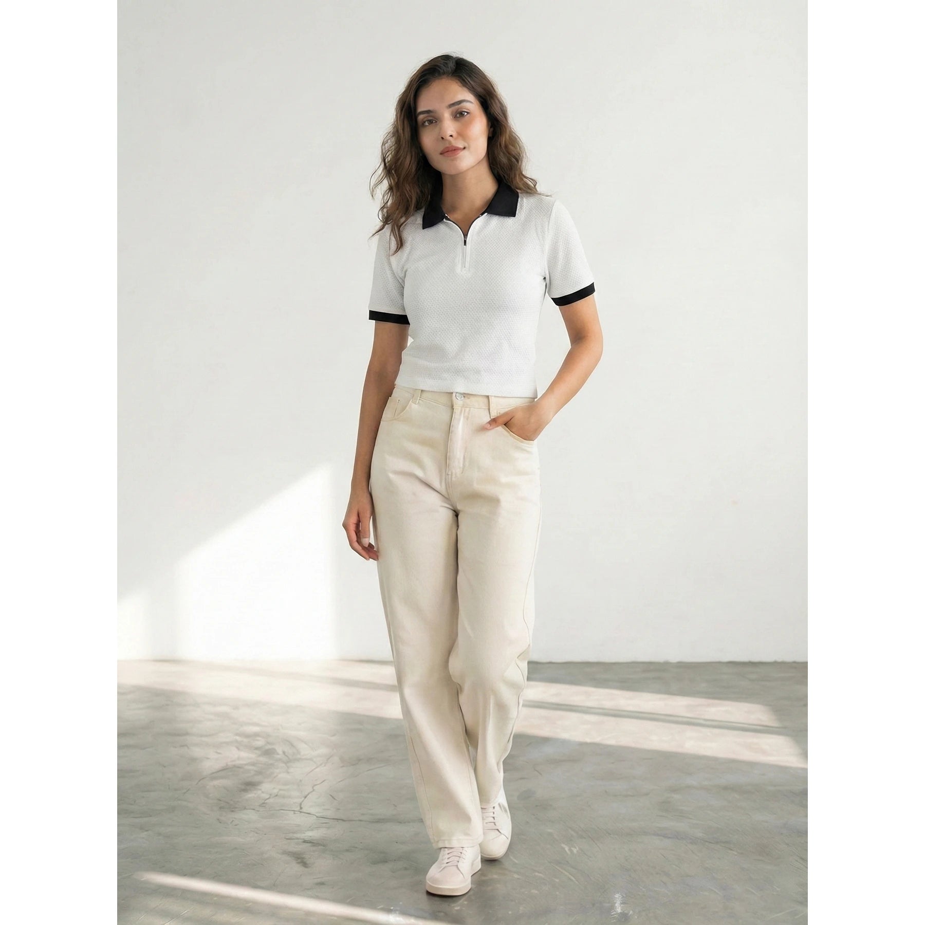 White Zipper Waffle Contrast Polo | Montivo Pakistan