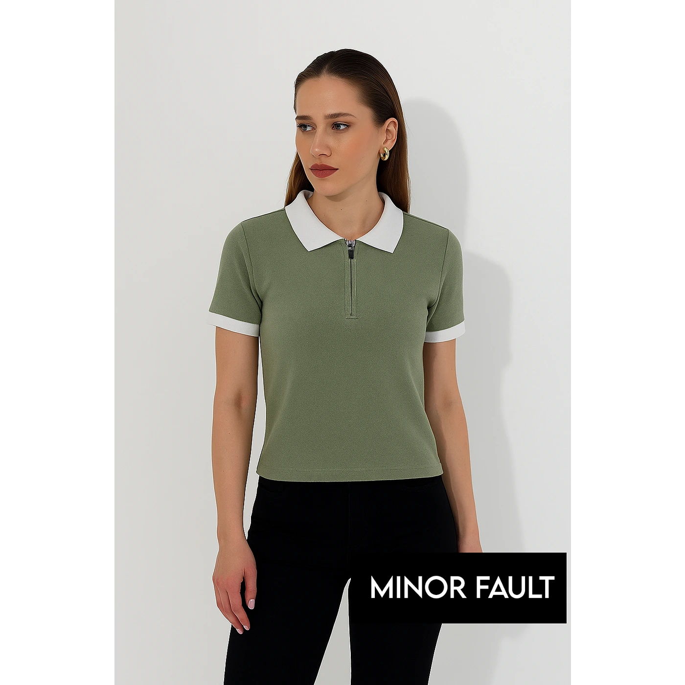 (Minor Fault) Olive Zipper Waffle Contrast Polo | Montivo Pakistan