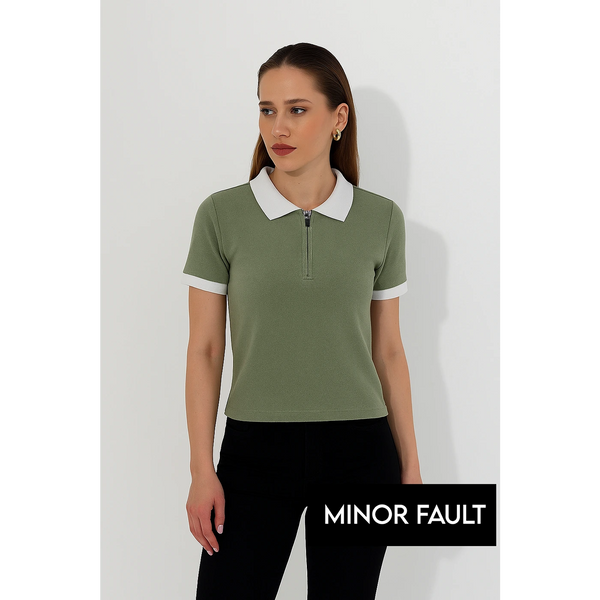 (Minor Fault) Olive Zipper Waffle Contrast Polo | Montivo Pakistan