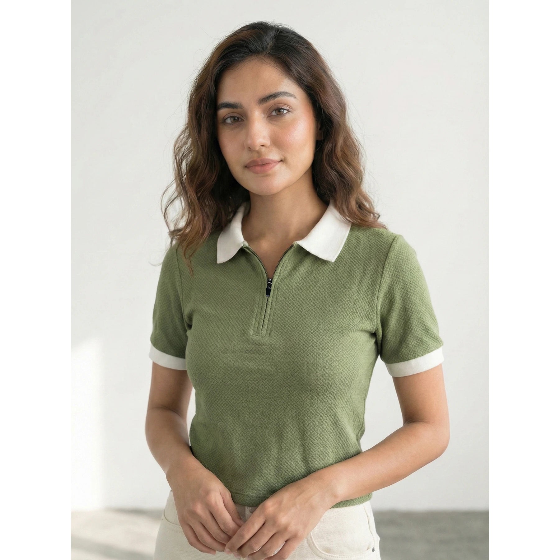 Olive Zipper Waffle Contrast Polo | Montivo Pakistan