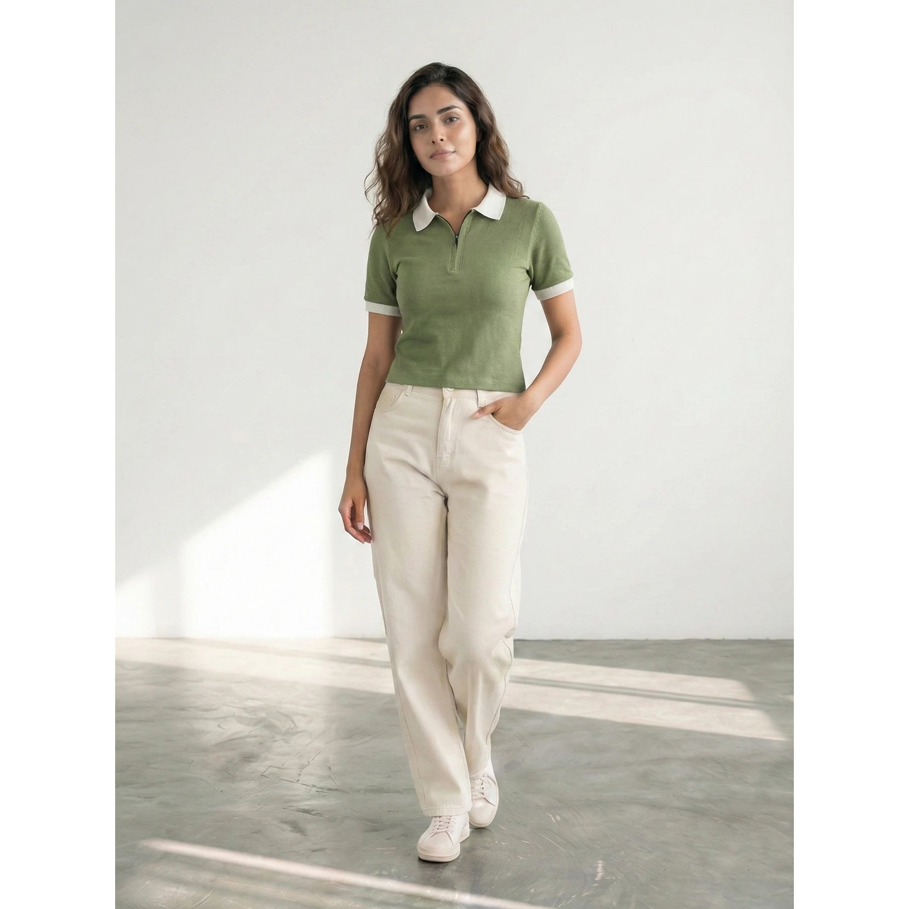 Olive Zipper Waffle Contrast Polo | Montivo Pakistan