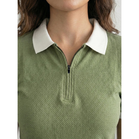 Olive Zipper Waffle Contrast Polo | Montivo Pakistan