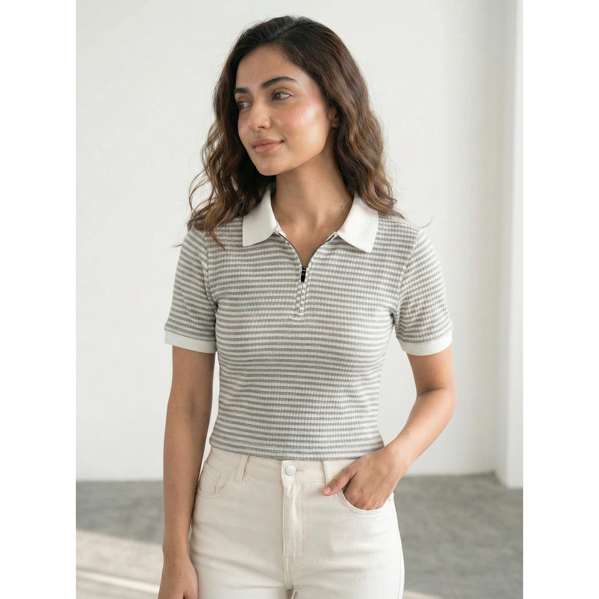 Stripes Zipper Waffle Contrast Polo | Montivo Pakistan