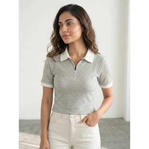 Stripes Zipper Waffle Contrast Polo | Montivo Pakistan