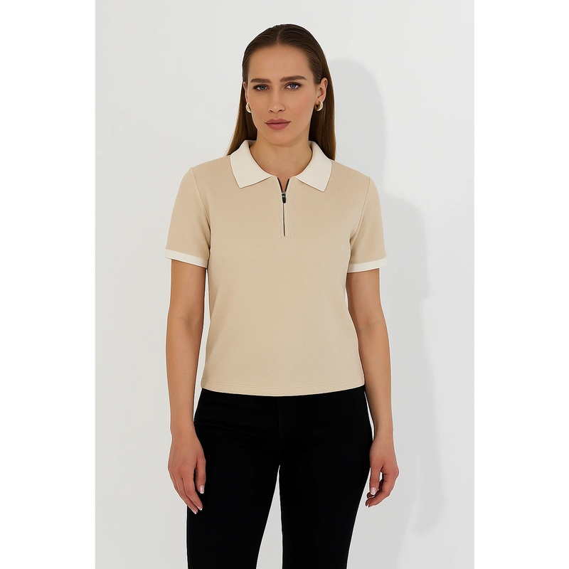 Beige Zipper Waffle Contrast Polo | Montivo Pakistan