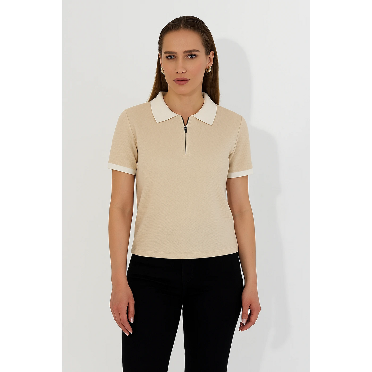 Beige Zipper Waffle Contrast Polo | Montivo Pakistan