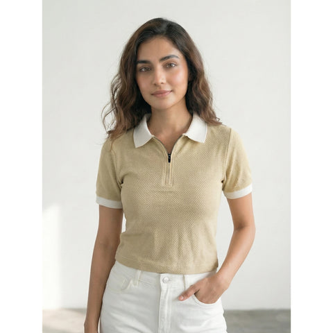 Beige Zipper Waffle Contrast Polo | Montivo Pakistan