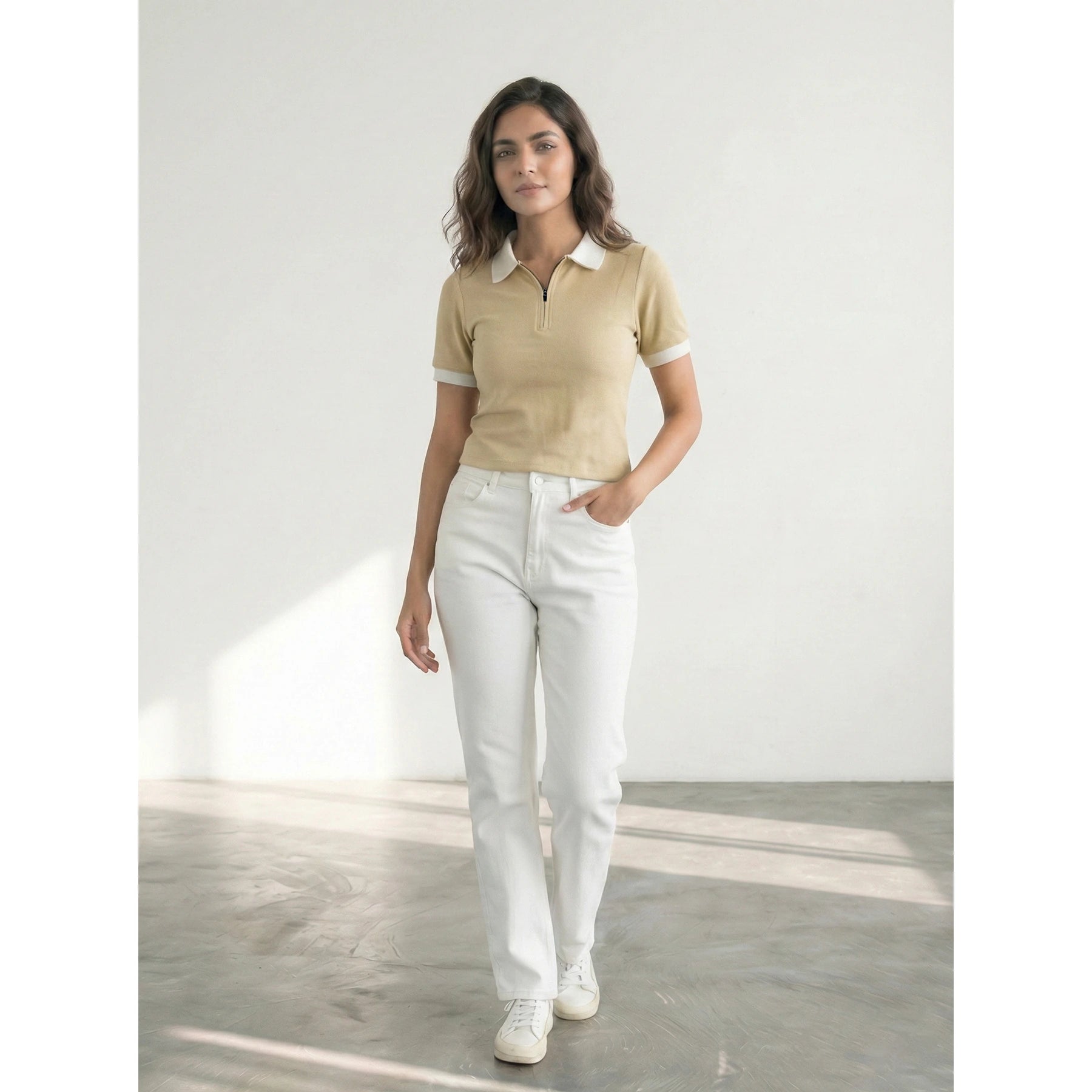 Beige Zipper Waffle Contrast Polo | Montivo Pakistan
