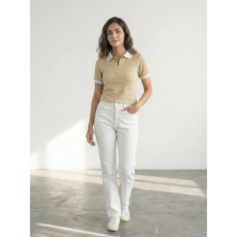 Beige Zipper Waffle Contrast Polo | Montivo Pakistan