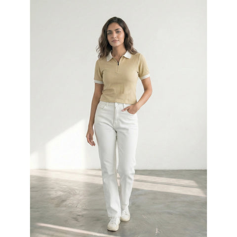 Beige Zipper Waffle Contrast Polo | Montivo Pakistan