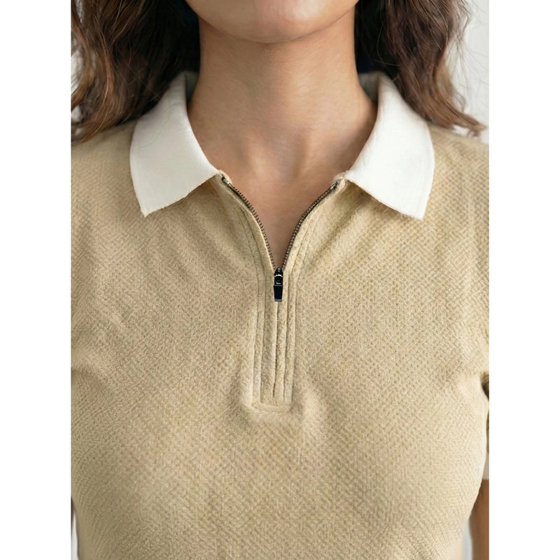 Beige Zipper Waffle Contrast Polo | Montivo Pakistan