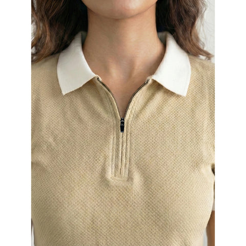 Beige Zipper Waffle Contrast Polo | Montivo Pakistan