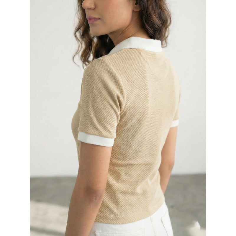 Beige Zipper Waffle Contrast Polo | Montivo Pakistan