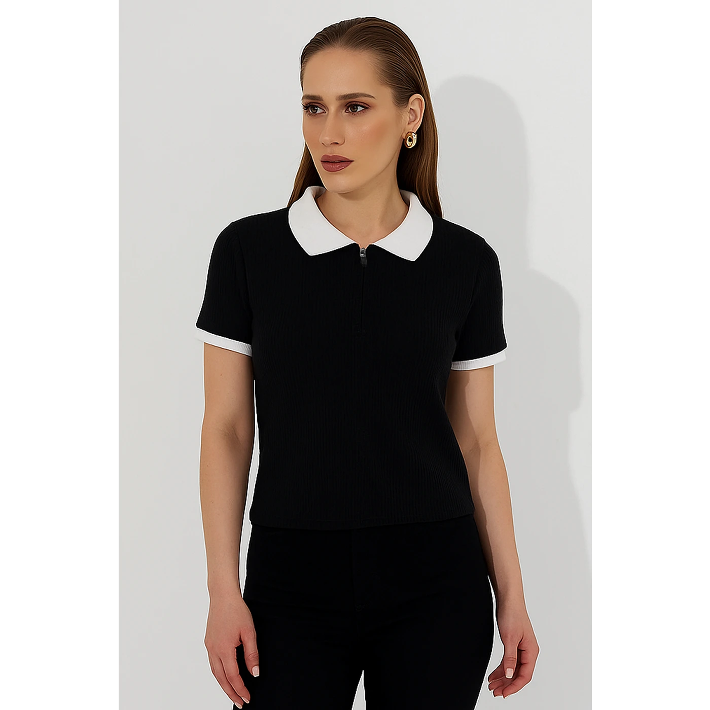 Black Zipper Drop Needle Contrast Polo | Montivo Pakistan