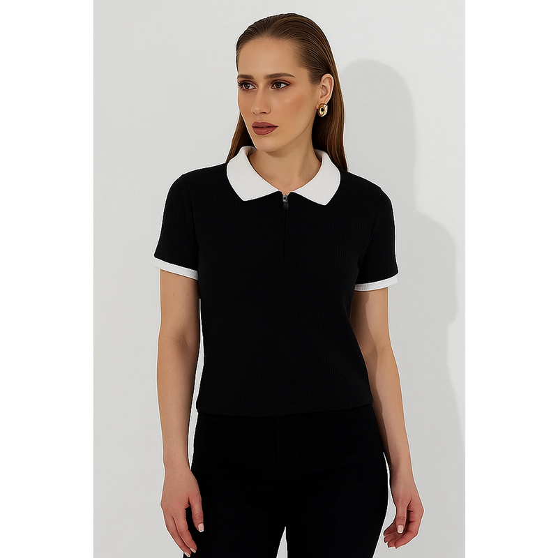 Black Zipper Drop Needle Contrast Polo | Montivo Pakistan