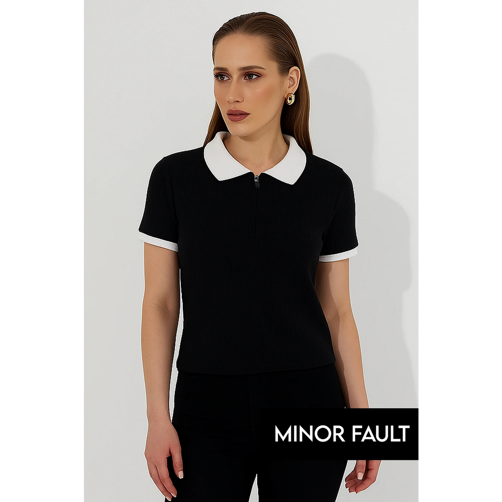 (Minor Fault) Black Zipper Drop Needle Contrast Polo | Montivo Pakistan