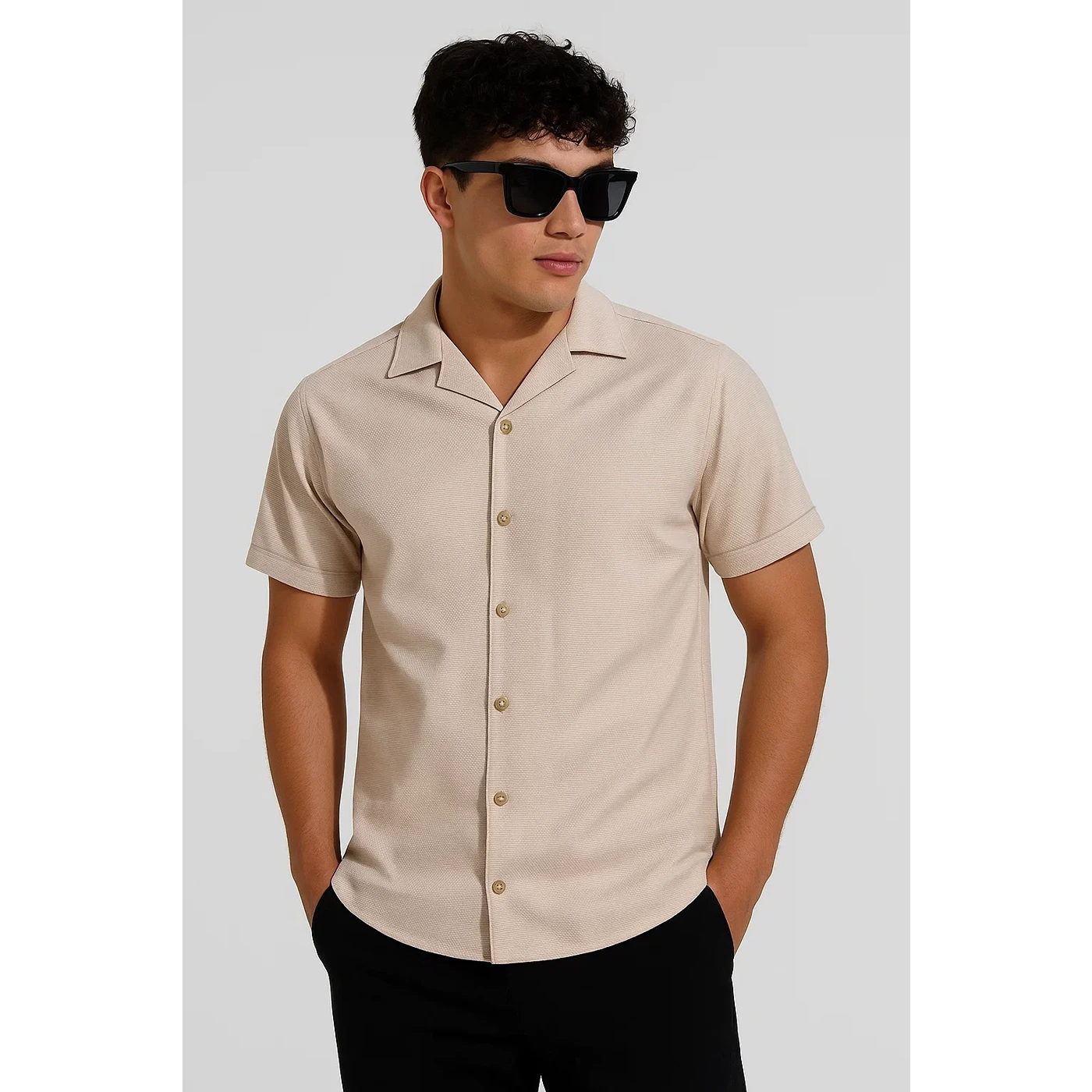 Beige Textured Cuban Collar Shirt | Montivo Pakistan