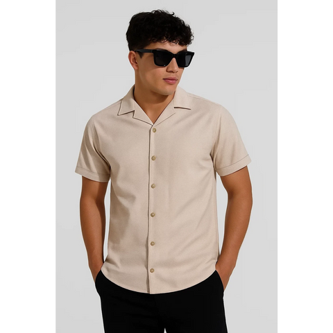 Beige Textured Cuban Collar Shirt | Montivo Pakistan