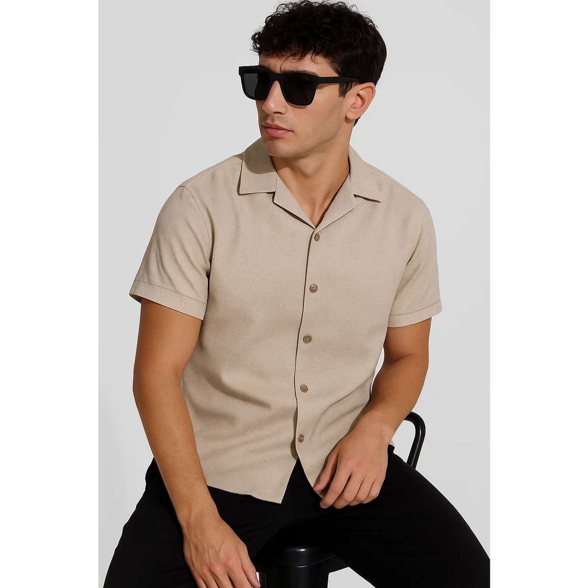 Beige Textured Cuban Collar Shirt | Montivo Pakistan