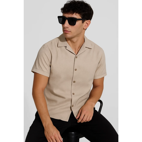 Beige Textured Cuban Collar Shirt | Montivo Pakistan
