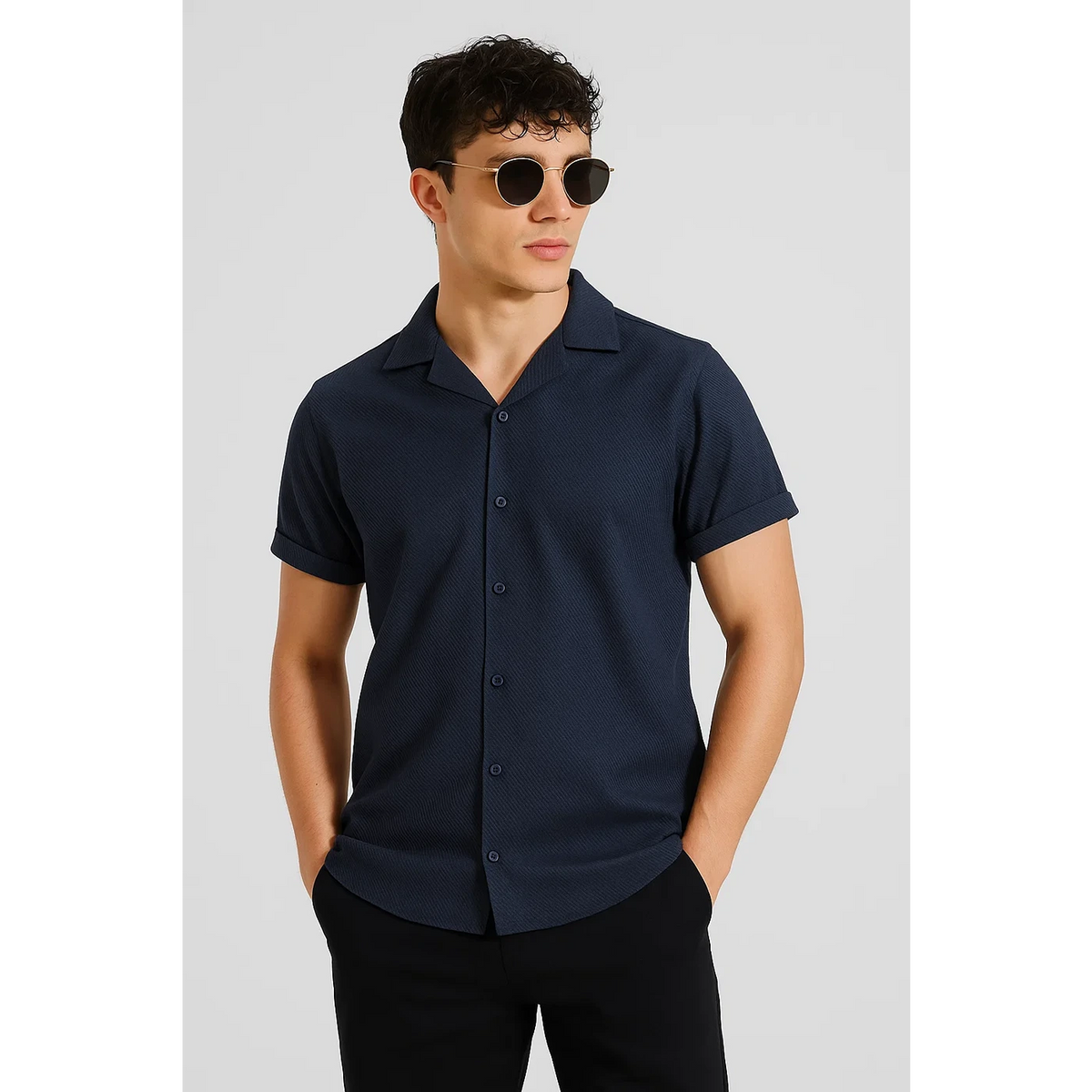 Navy Textured Cuban Collar Shirt | Montivo Pakistan