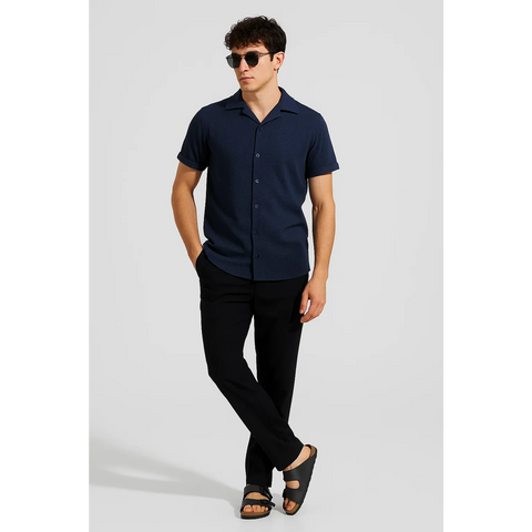 Navy Textured Cuban Collar Shirt | Montivo Pakistan