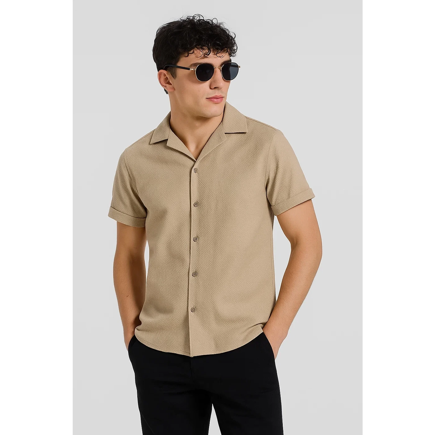 Beige Crushed Textured Cuban Shirt | Montivo Pakistan