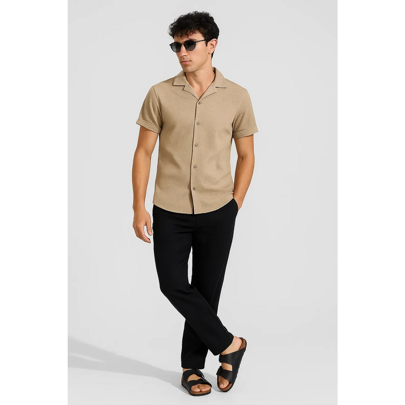Beige Crushed Textured Cuban Shirt | Montivo Pakistan
