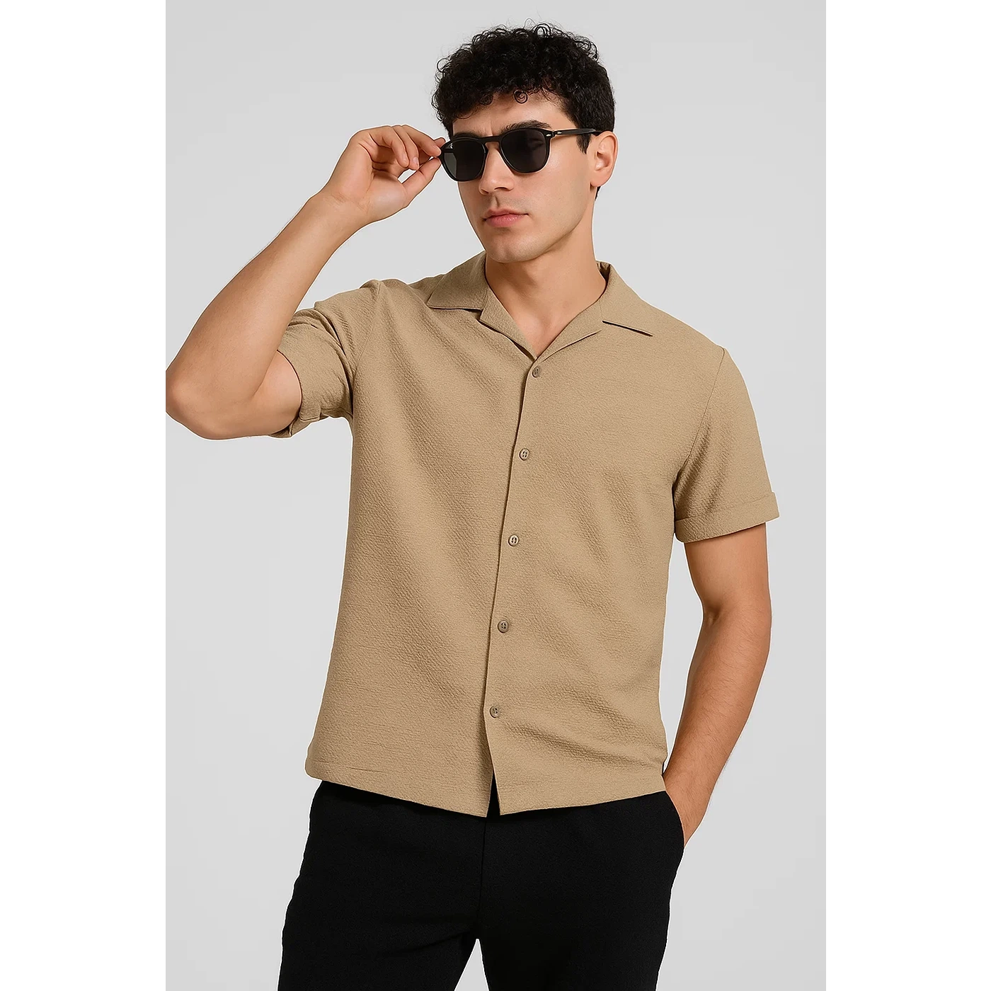Beige Crushed Textured Cuban Shirt | Montivo Pakistan