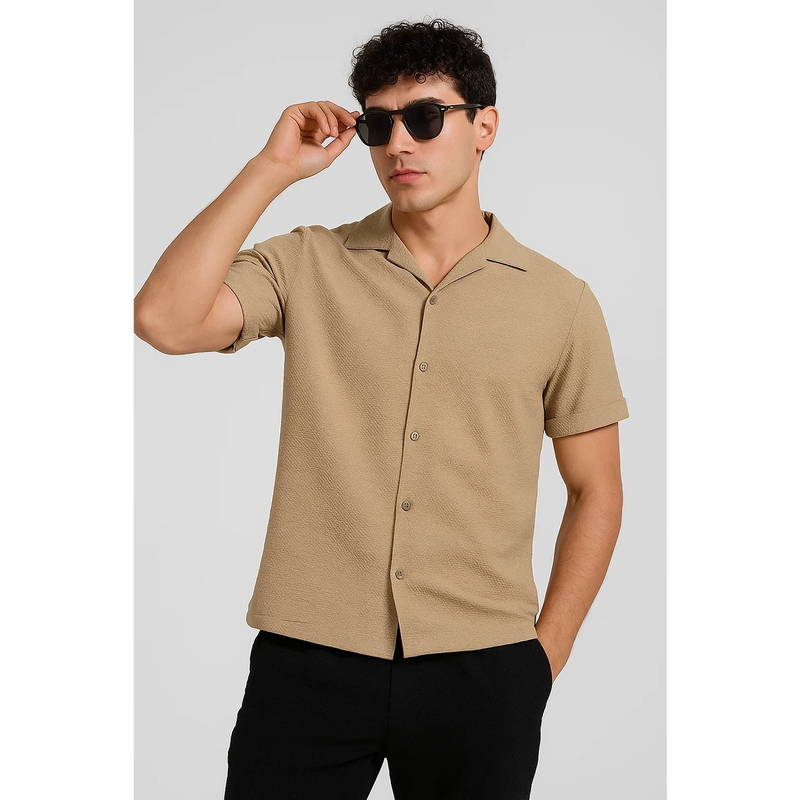 Beige Crushed Textured Cuban Shirt | Montivo Pakistan