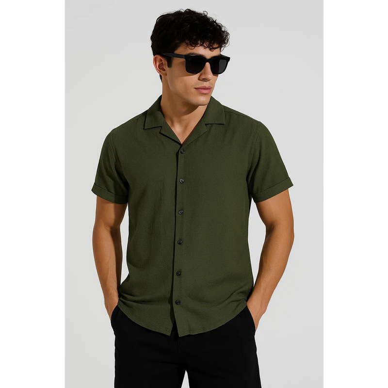 Green Textured Cuban Collar Shirt | Montivo Pakistan