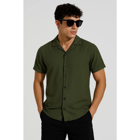 Green Textured Cuban Collar Shirt | Montivo Pakistan