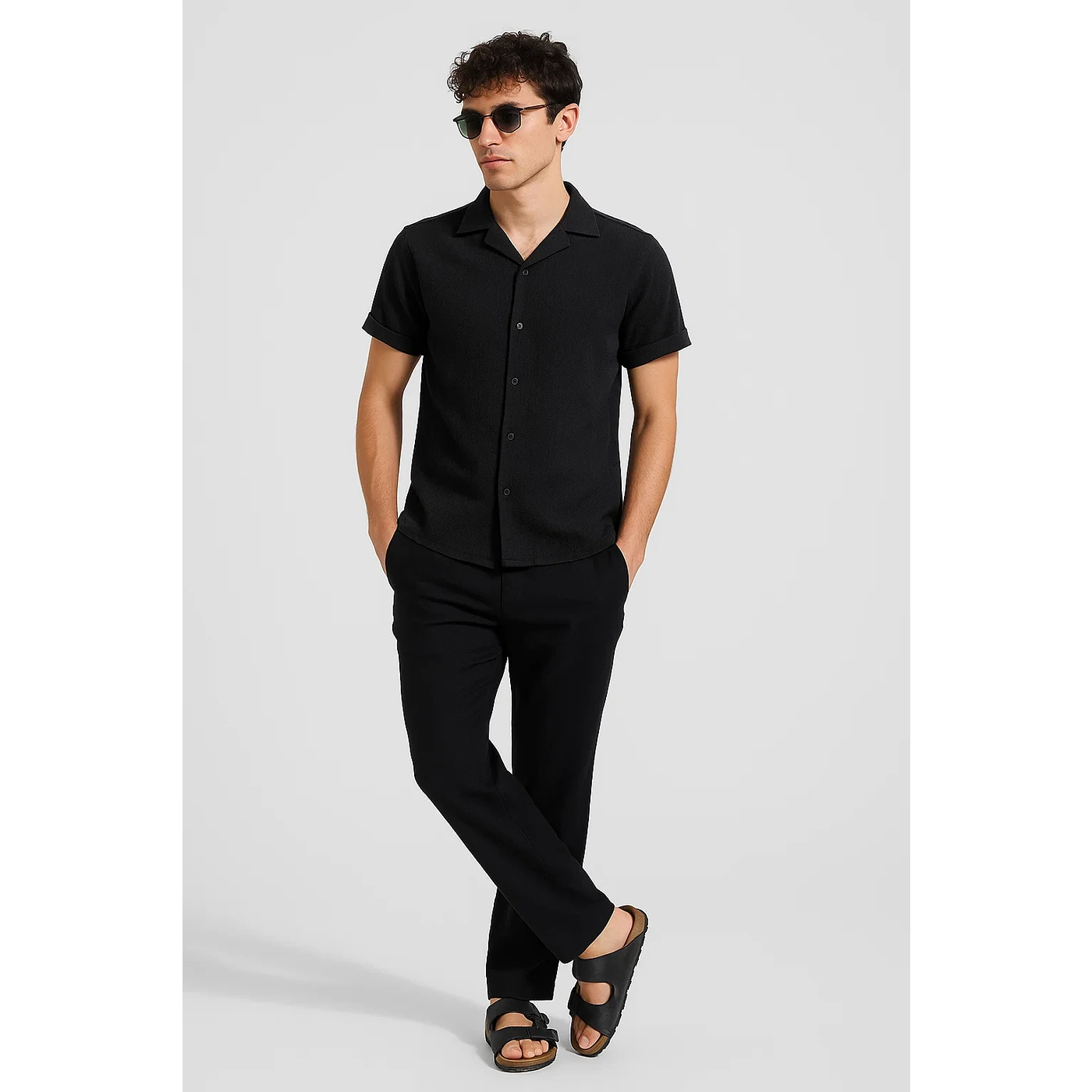 Black Textured Cuban Collar Shirt | Montivo Pakistan